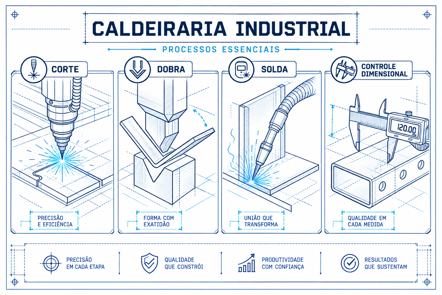 Processos essenciais da caldeiraria industrial: corte, dobra, solda e controle dimensional, ilustrados em desenho técnico sobre fundo branco.